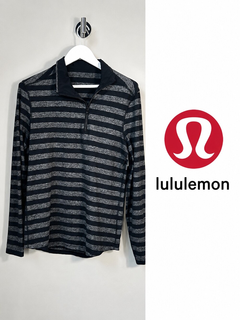 Lululemon Womenâs Size 10 Black Grey Striped Half Zip Long Sleeve Pullover Top